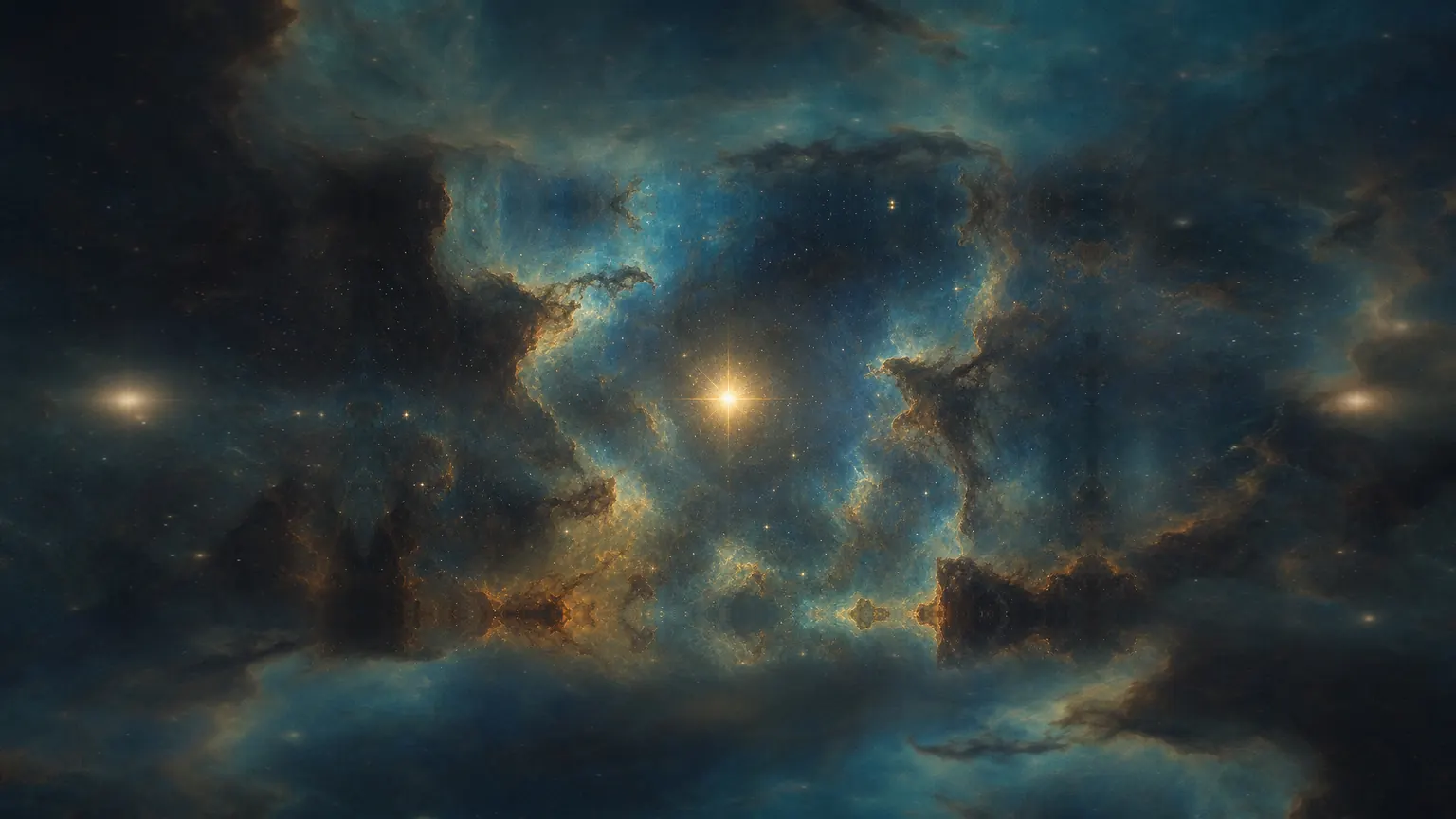 Deep space: a nebula of ink blue, teal and amber around a single white-gold star.