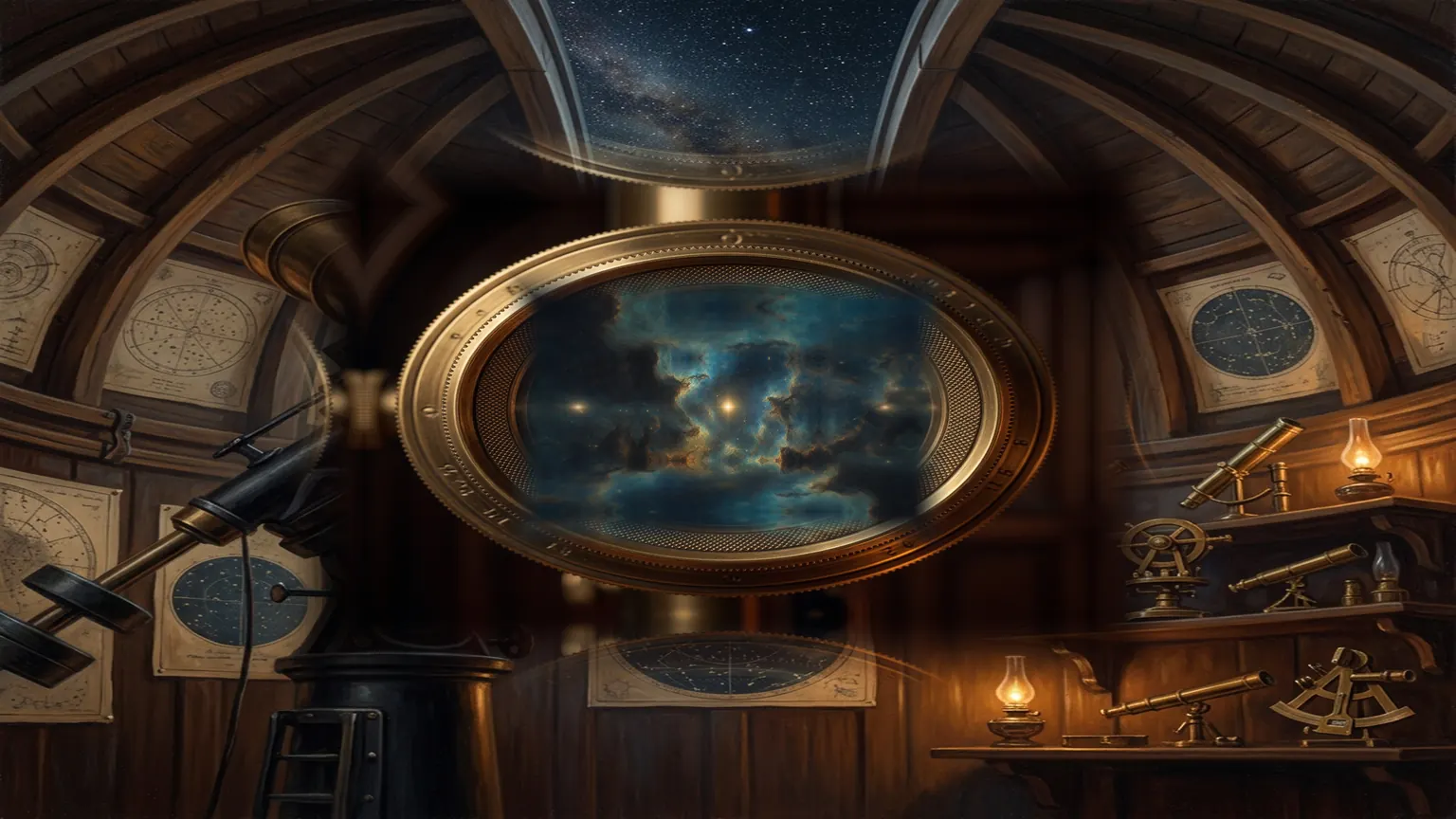 An old domed observatory at night, a brass telescope eyepiece turned toward you.