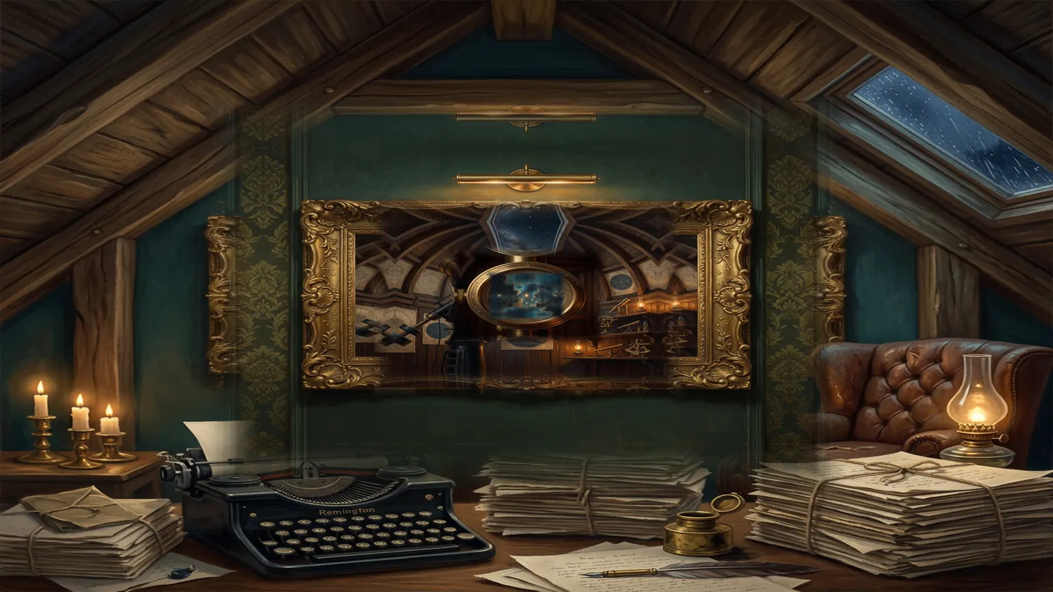 A writer's attic study at night, a gilded framed painting hanging on the wall.