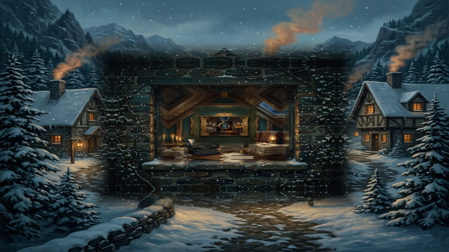 A snowy mountain village at blue hour, a single cottage window glowing warm.