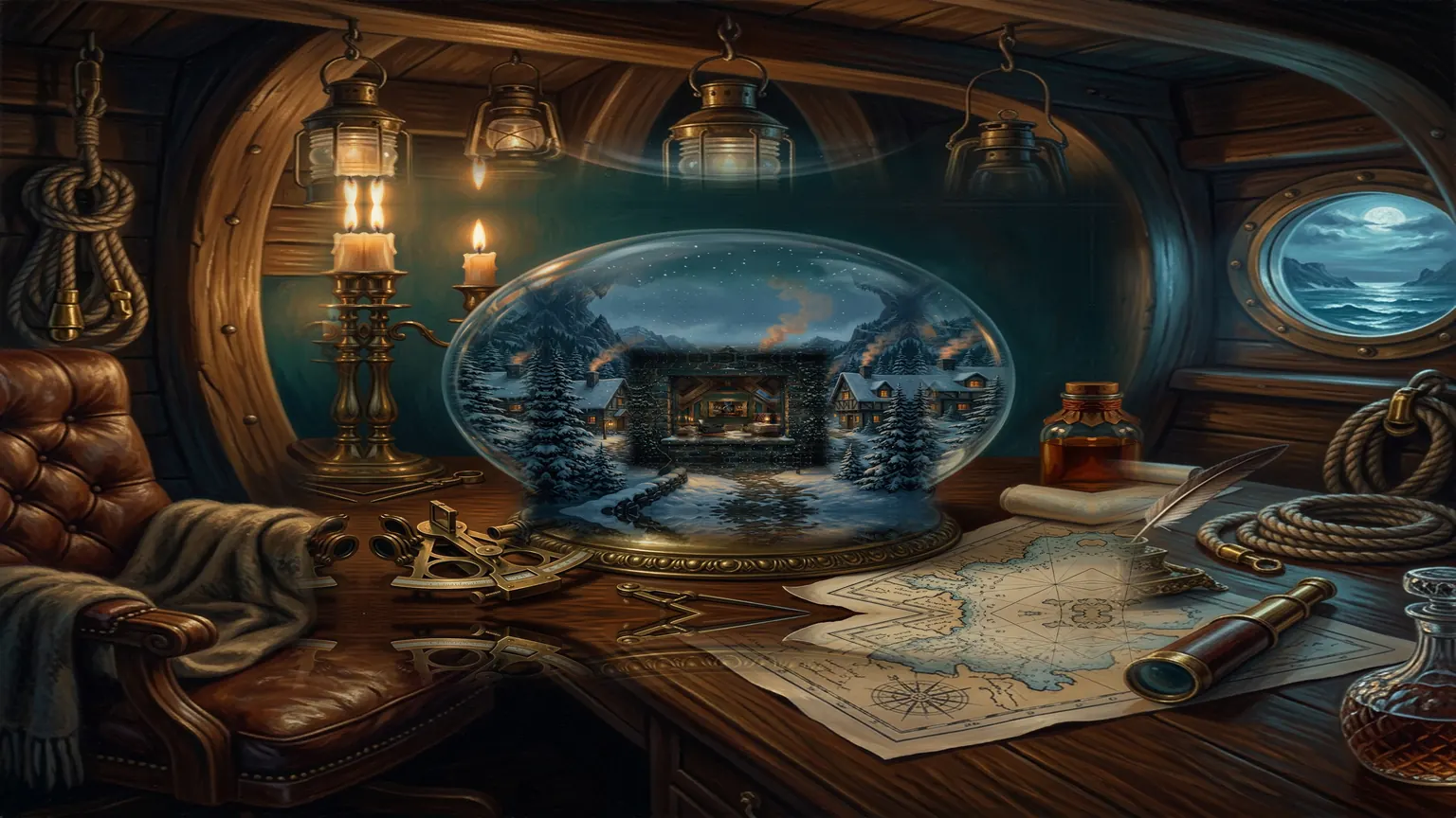 A ship captain's cabin by candlelight, a glass snow globe resting on the chart table.
