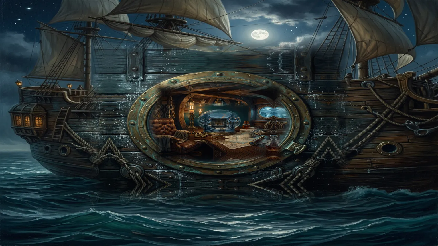 A three-masted sailing ship on a moonlit sea, one round porthole glowing on its hull.