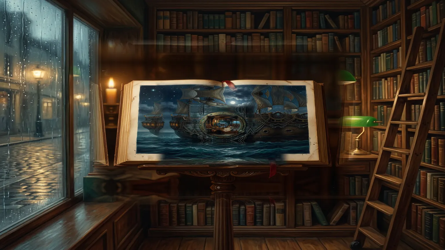 A small bookshop at night, rain on the windows, an open antique book lit on its reading stand.